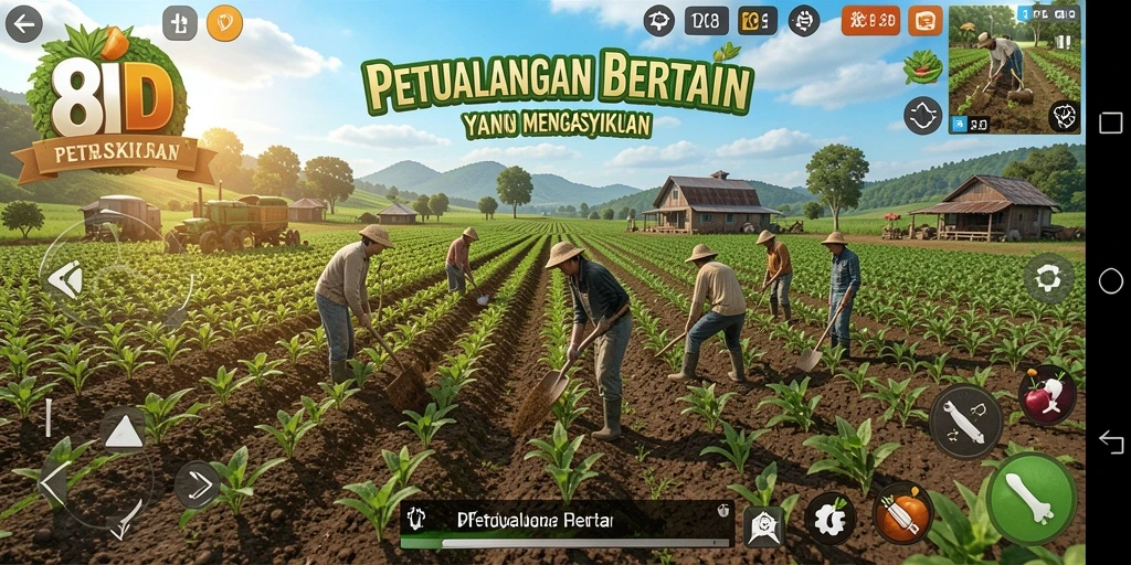 Tampilan gameplay <strong>8ID</strong> yang menampilkan aktivitas bertani yang dinamis.