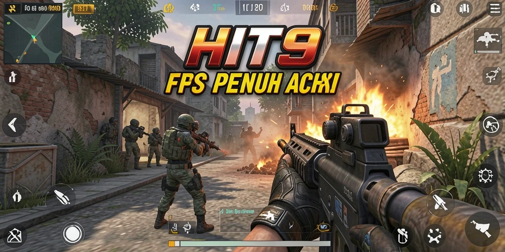 Tampilan dinamis dari gameplay menegangkan dalam HIT9, menampilkan aksi FPS.