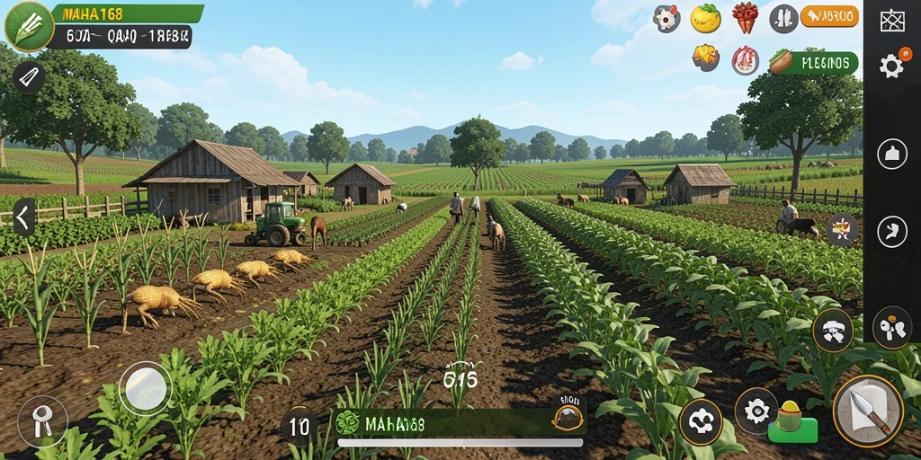 Tampilan gameplay MAHA168 menampilkan ladang hijau yang subur dan hewan ternak.